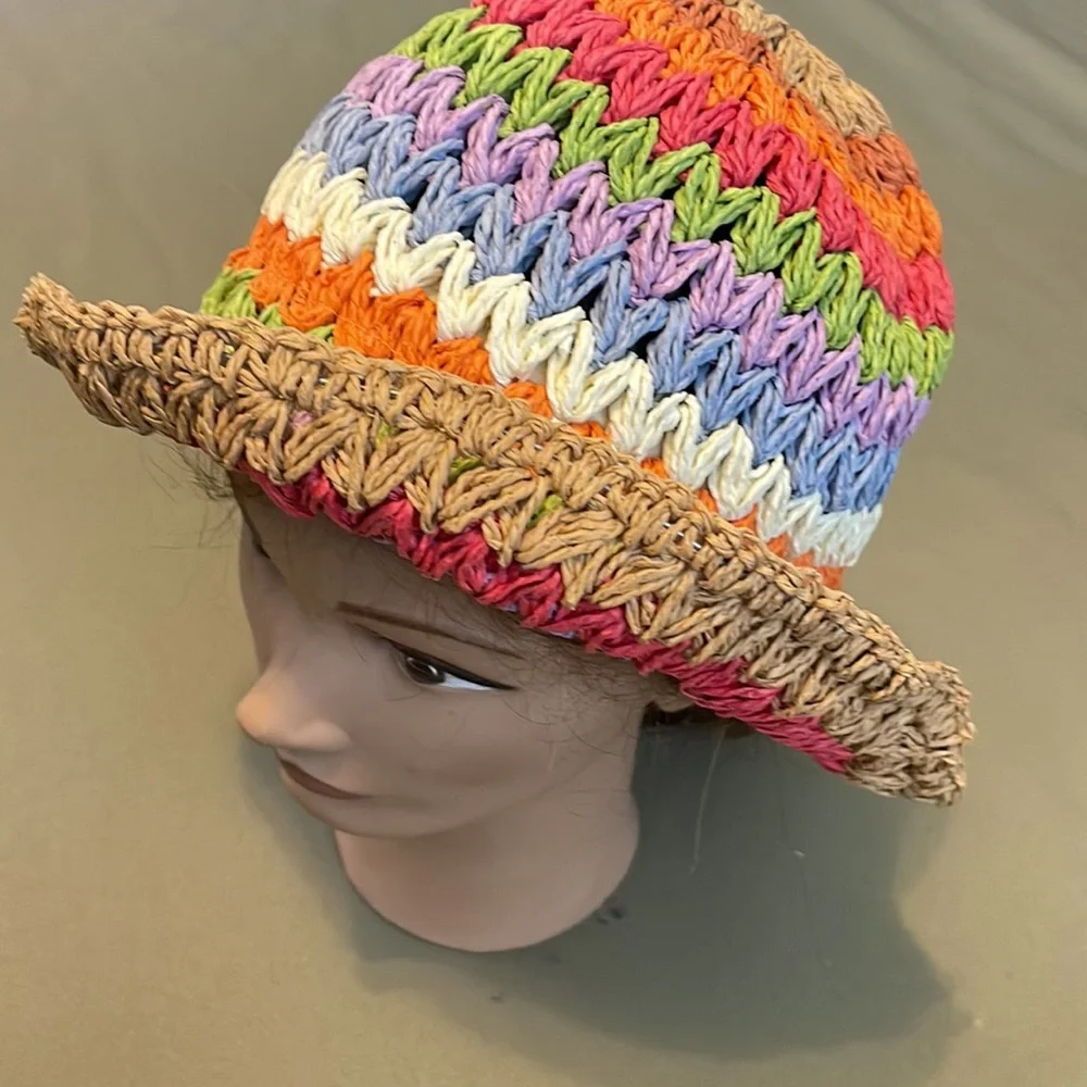 Hand-Crocheted Multicolor Raffia Bucket Hat - Picture 5 of 13